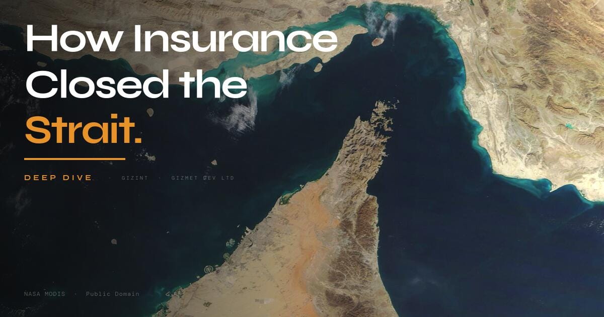 How Insurance Closed the Strait of Hormuz — GIZINT reference document. NASA MODIS satellite image.