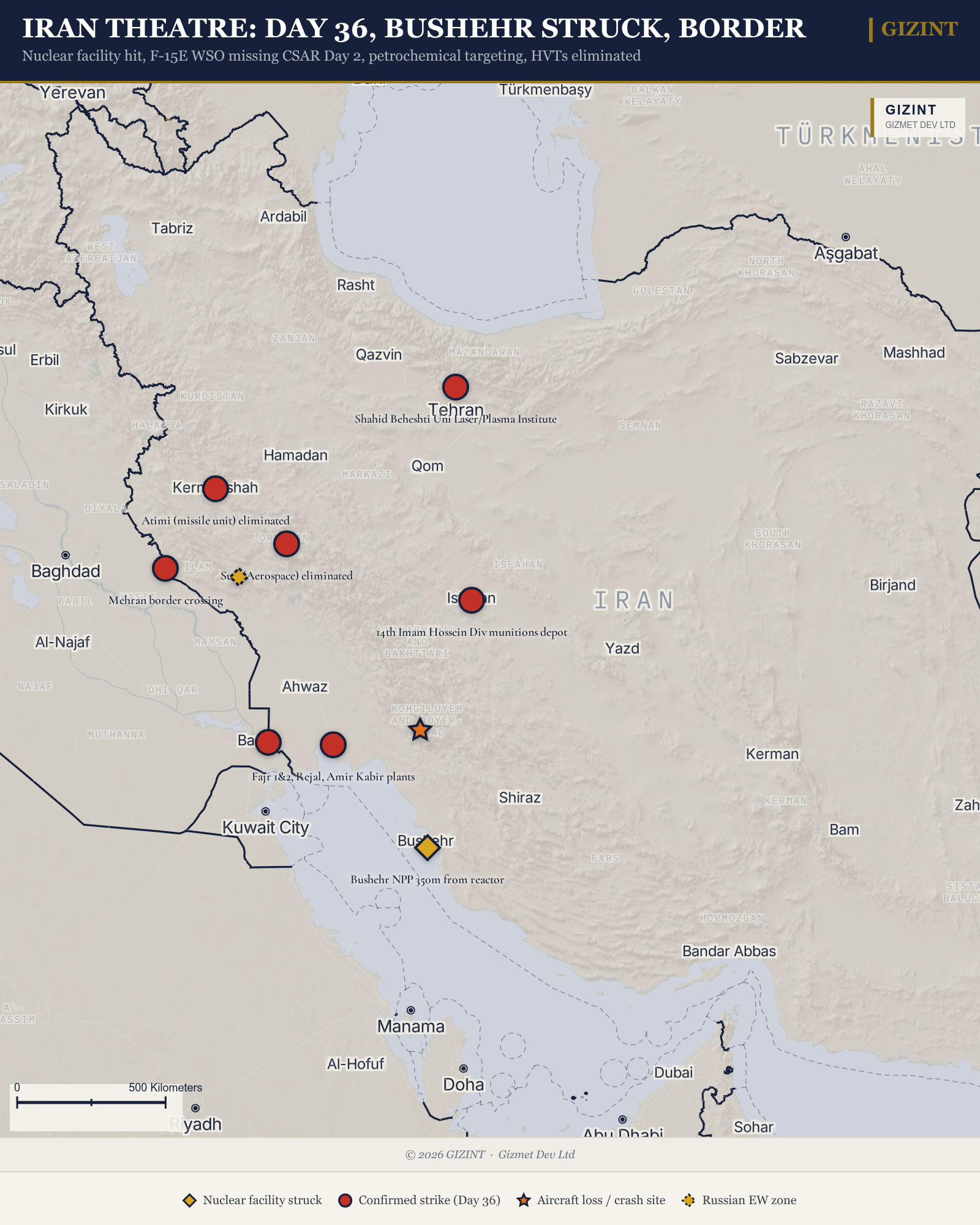 Iran Theatre: Day 36, Bushehr struck, border crossings severed